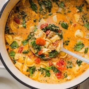 This Creamy Tortellini Soup is cozy, comforting and made with tender cheese tortellini, fresh veggies, herbs and a rich creamy broth. The perfect one pot meal that is both flavorful and satisfying!